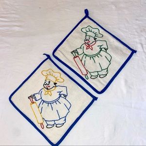 2 Vintage Embroidered Hot Pads with Chef